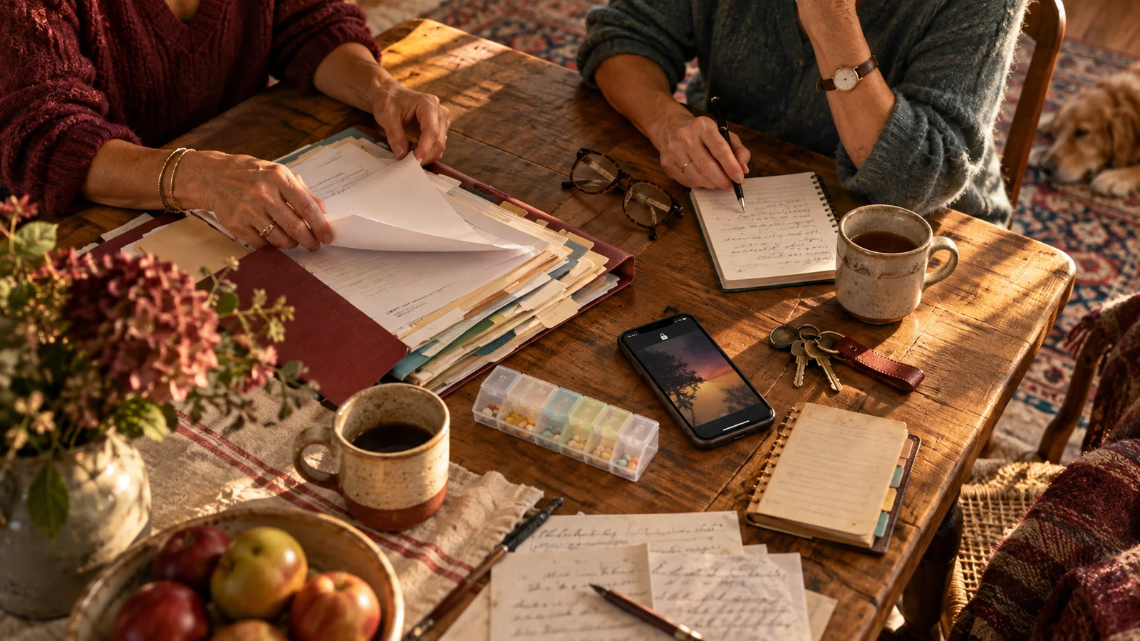 Two women organizing folders, notes, keys, a phone and a pill organizer at a dining table