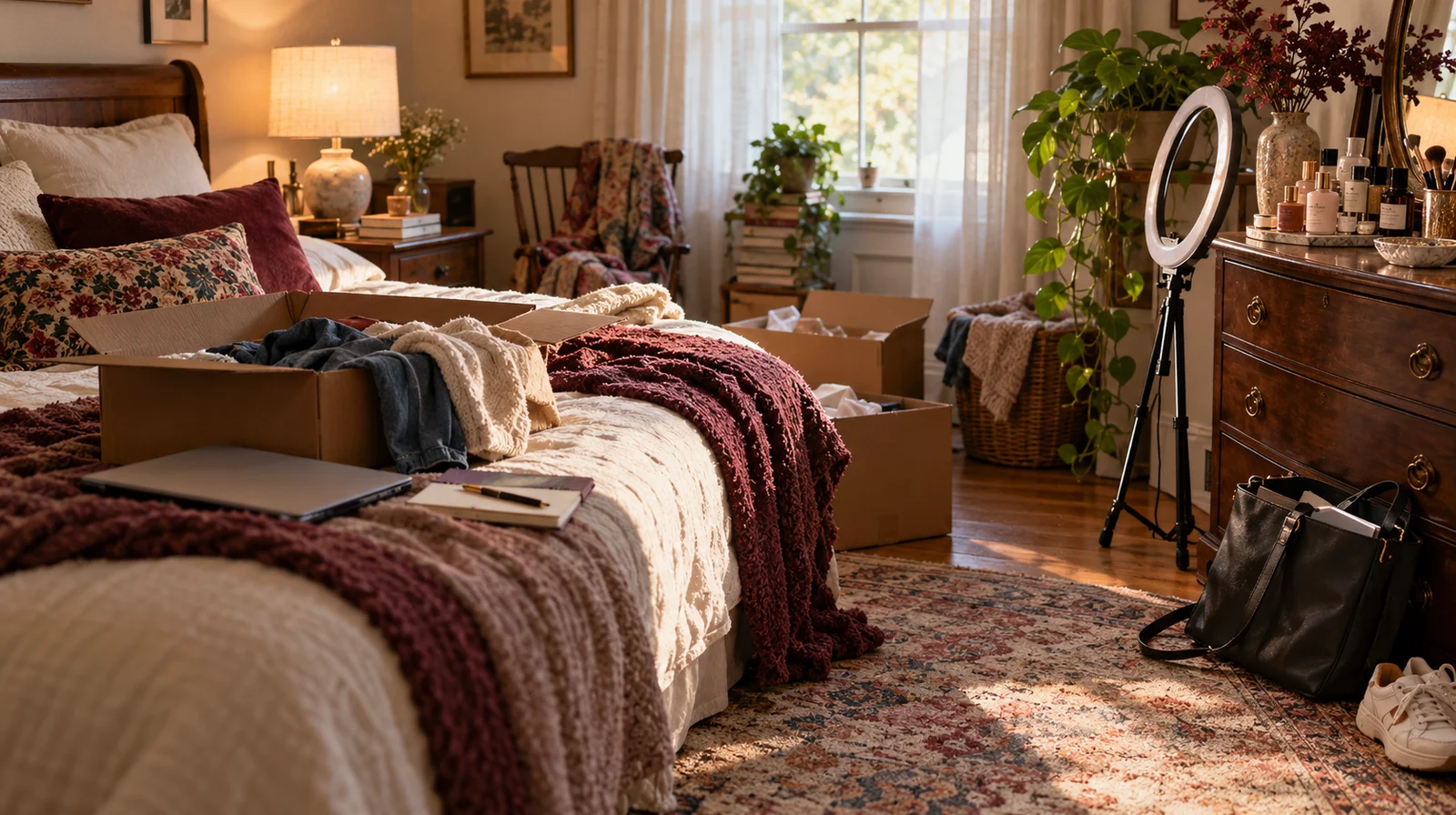 A warm guest bedroom with moving boxes, a ring light and two generations of belongings