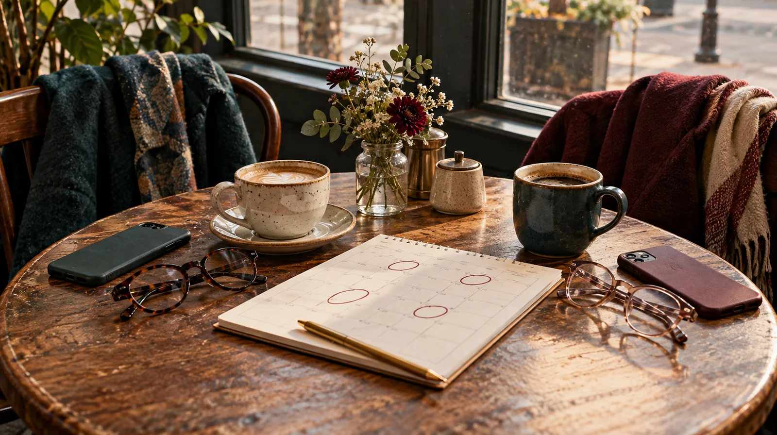 Two coffee cups, reading glasses, phones and four circled dates on a café table