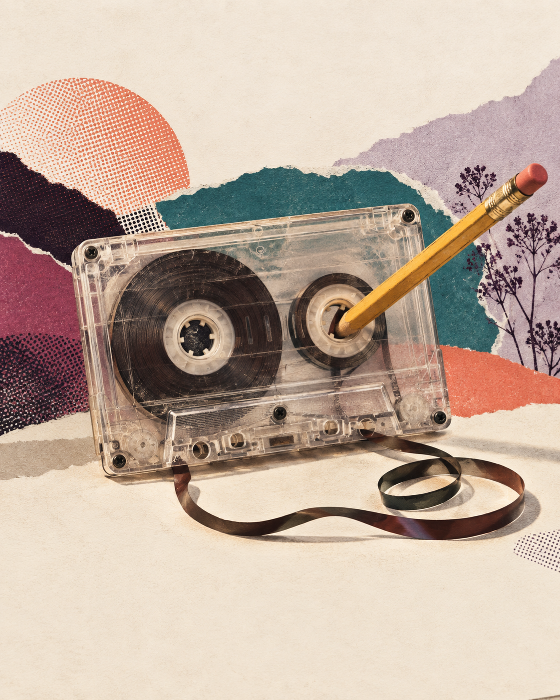 A clear cassette tape with a pencil inserted into one reel