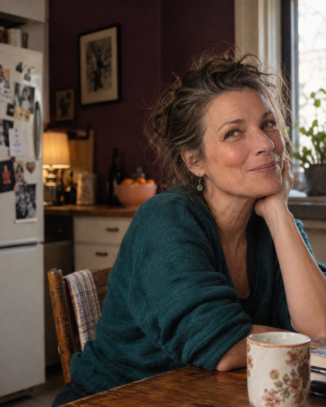 A confident woman in midlife sitting at her kitchen table